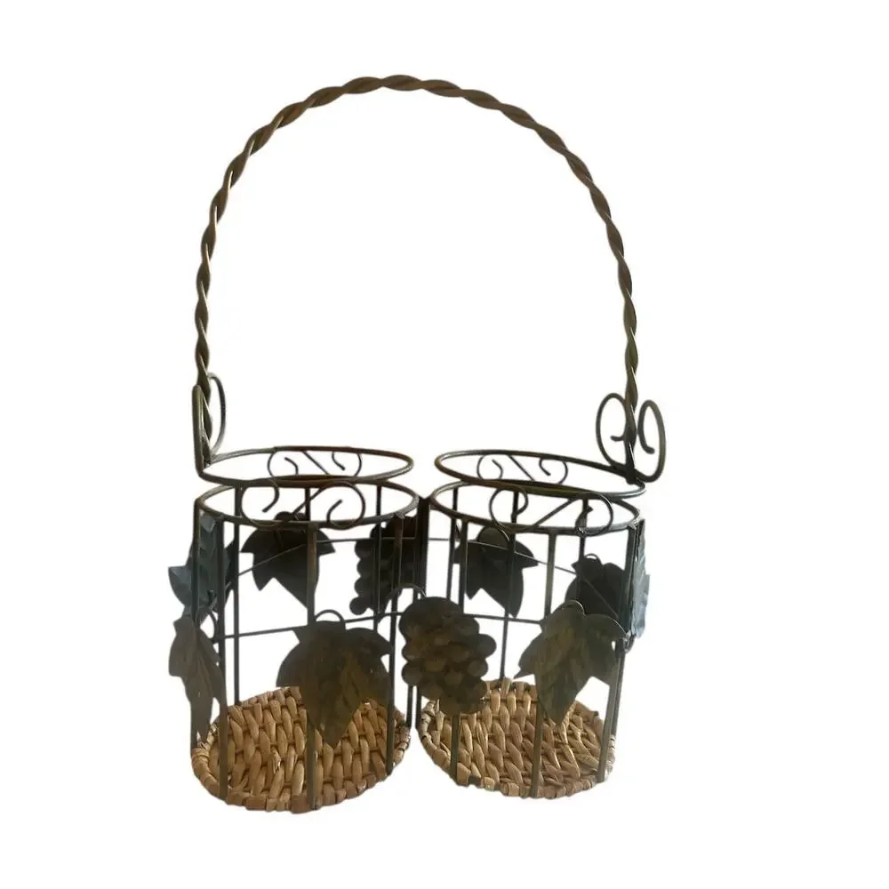 Metal & Wicker‎ Double Wine Bottle Basket with Handle & Grape Vine Motif